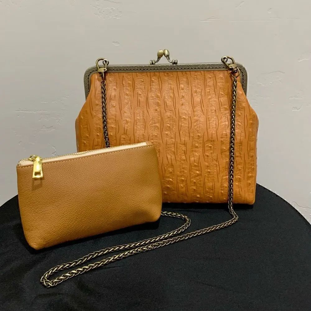 Vintage Style Handcrafted Genuine Embossed Leather Kisslock Handbag Set